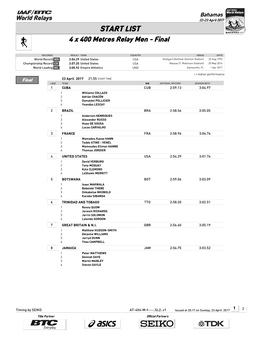 LIST 4 X 400 Metres Relay Men - Final