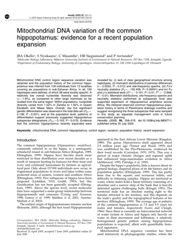 Mitochondrial DNA Variation of the Common Hippopotamus: Evidence for a Recent Population Expansion