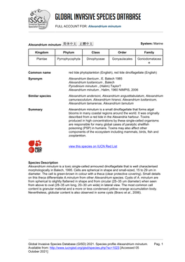 Alexandrium Minutum Global Invasive Species Database (GISD)