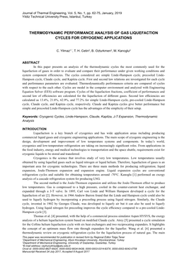 Thermodynamic Performance Analysis of Gas Liquefaction Cycles for Cryogenic Applications