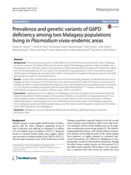 Prevalence and Genetic Variants of G6PD Deficiency Among Two Malagasy Populations Living in Plasmodium Vivax‑Endemic Areas Rosalind E