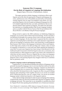 On the Role of Linguists in Language Revitalization Margaret Speas, University of Massachusetts, Amherst