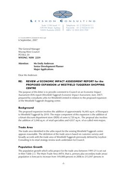 RE: REVIEW of ECONOMIC IMPACT ASSESSMENT REPORT for the PROPOSED EXPANSION of WESTFIELD TUGGERAH SHOPPING CENTRE Background Trad