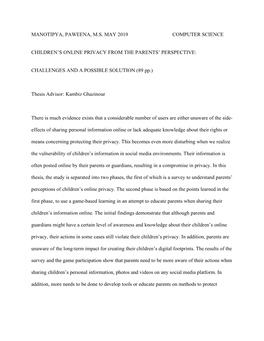 Manotipya, Paweena, M.S. May 2019 Computer Science Children's Online Privacy from the Parents' Perspective: Challenges and A