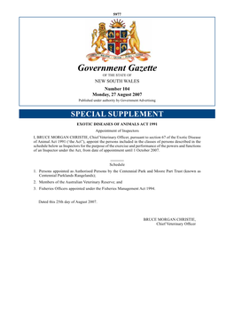 Government Gazette of the STATE of NEW SOUTH WALES Number 104 Monday, 27 August 2007 Published Under Authority by Government Advertising