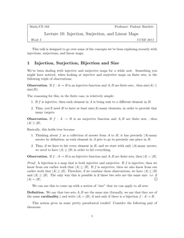 Lecture 10: Injection, Surjection, and Linear Maps 1 Injection, Surjection, Bijection and Size