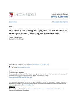 Victim Blame As a Strategy for Coping with Criminal Victimization: an Analysis of Victim, Community, and Police Reactions