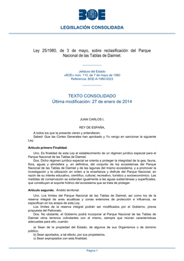 Ley 25/1980, De 3 De Mayo, Sobre Reclasificación Del Parque Nacional De Las Tablas De Daimiel