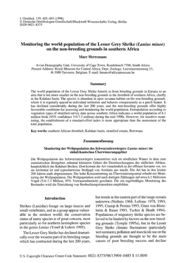 Monitoring the World Population of the Lesser Grey Shrike (Lanius Minor) on the Non-Breeding Grounds in Southern Africa