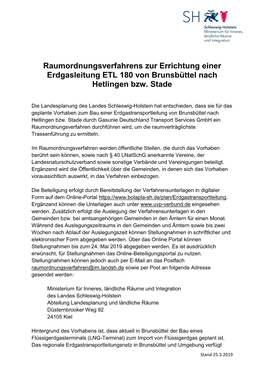Raumordnungsverfahrens Zur Errichtung Einer Erdgasleitung ETL 180 Von Brunsbüttel Nach Hetlingen Bzw
