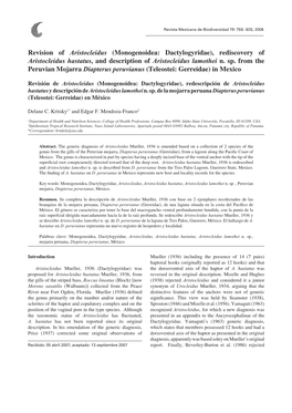 Revision of Aristocleidus (Monogenoidea: Dactylogyridae), Rediscovery of Aristocleidus Hastatus, and Description of Aristocleidus Lamothei N