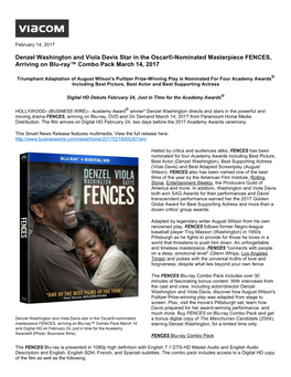 Denzel Washington and Viola Davis Star in the Oscar®-Nominated Masterpiece FENCES, Arriving on Blu-Ray™ Combo Pack March 14, 2017