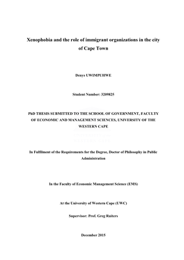 Xenophobia and the Role of Immigrant Organizations in the City of Cape Town