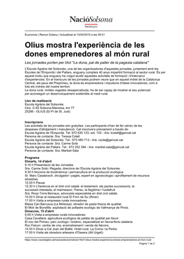 Olius Mostra L'experiència De Les Dones Emprenedores Al Món Rural