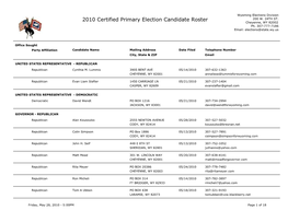 2010 Certified Primary Election Candidate Roster 200 W