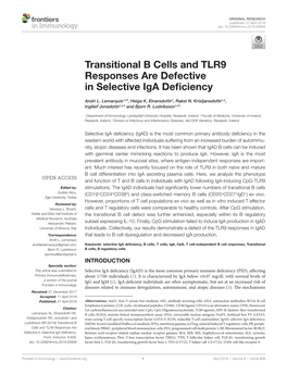 Transitional B Cells and Tlr9 Responses Are Defective in Selective Iga Deficiency