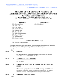 MINUTES of the ORDINARY MEETING of ABERMULE with LLANDYSSIL COMMUNITY COUNCIL by VIDEO CONFERENCING TH on WEDNESDAY 7 OCTOBER 2020 at 7.30Pm