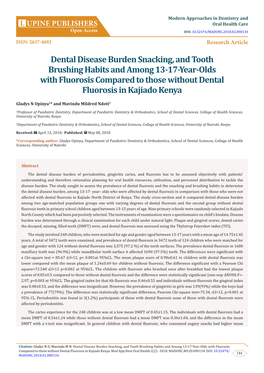 Dental Disease Burden Snacking, and Tooth Brushing Habits and Among 13-17-Year-Olds with Fluorosis Compared to Those Without Dental Fluorosis in Kajiado Kenya