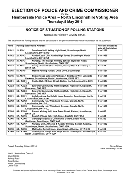 North Lincolnshire Voting Area Thursday, 5 May 2016