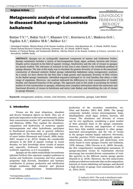 Metagenomic Analysis of Viral Communities in Diseased Baikal Sponge Lubomirskia Baikalensis