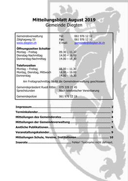 Mitteilungsblatt August 2019 Gemeinde Diegten