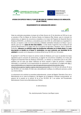 Ayudas En Especie Para El Plan De Mejora De Caminos Rurales De Andalucía. (Plan Itínere) Requerimiento De Subsanación Anexo I