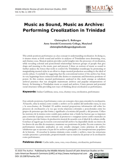 Music As Sound, Music As Archive: Performing Creolization in Trinidad