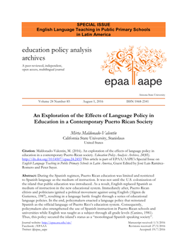 An Exploration of the Effects of Language Policy in Education in a Contemporary Puerto Rican Society. Education Policy Analysis Archives, 24(85)