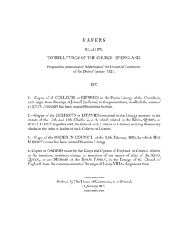 Papers Relating to the Liturgy of the Church of England (1821)