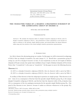 The Character Table of a Sharply 5-Transitive Subgroup of the Alternating Group of Degree 12