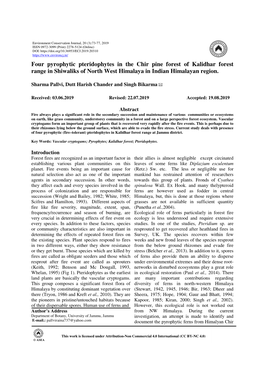 Four Pyrophytic Pteridophytes in the Chir Pine Forest of Kalidhar Forest Range in Shiwaliks of North West Himalaya in Indian Himalayan Region