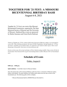 21 FEST: a MISSOURI BICENTENNIAL BIRTHDAY BASH August 6-8, 2021