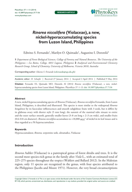 Rinorea Niccolifera (Violaceae), a New, Nickel-Hyperaccumulating Species from Luzon Island, Philippines