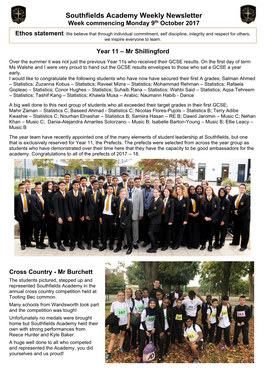 Southfields Academy Weekly Newsletter Week Commencing Monday 9Th October 2017