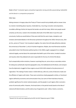 Made in Paris? Contested Regions and Poltical Regionalism During and After Peacemaking: Székelyföld and the Banat in a Comparative Perspective*