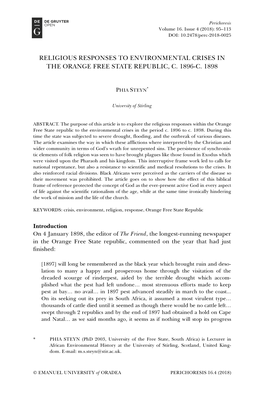 Religious Responses to Environmental Crises in the Orange Free State Republic, C