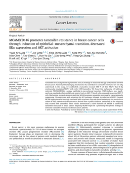 MCAM/CD146 Promotes Tamoxifen Resistance in Breast Cancer Cells Through Induction of Epithelialemesenchymal Transition, Decreased Era Expression and AKT Activation