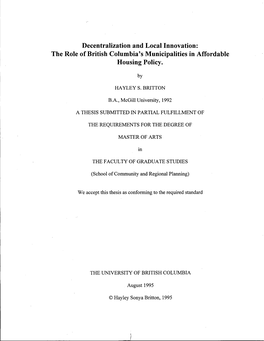 Decentralization and Local Innovation: the Role of British Columbia's Municipalities in Affordable Housing Policy