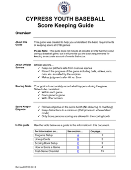 CYPRESS YOUTH BASEBALL Score Keeping Guide Overview