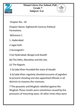 Mount Litera Zee School, Pali Grade 7 Subject: S.St Chapter No.: 10