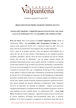 Comunicato Stampa Del 16 Aprile 2019