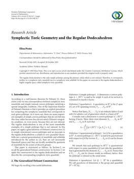 Research Article Symplectic Toric Geometry and the Regular Dodecahedron