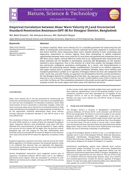 Empirical Correlation Between Shear Wave Velocity (Vs) and Uncorrected Standard Penetration Resistance (SPT-N) for Dinajpur District, Bangladesh Md