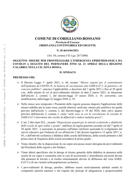 COMUNE DI CORIGLIANO-ROSSANO Provincia Di Cosenza ORDINANZA CONTINGIBILE ED URGENTE N