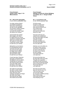 Franz Schubert Franz Schubert Goethe Lieder, Folge 3 - Für Settings of Poems by Johann Wolfgang Männerstimme Von Goethe, Vol