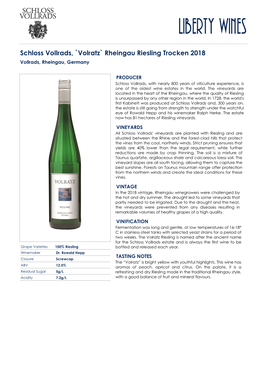 Schloss Vollrads, `Volratz` Rheingau Riesling Trocken 2018 Vollrads, Rheingau, Germany