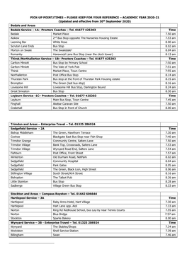 ACADEMIC YEAR 2020-21 (Updated and Effective from 30Th September 2020) Bedale and Areas Bedale Service – 1A– Procters Coaches – Tel