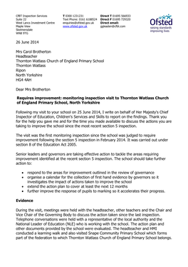 26 June 2014 Mrs Carol Brotherton Headteacher Thornton Watlass