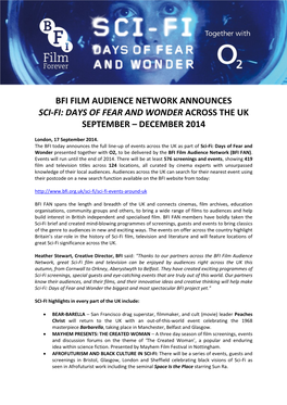 Bfi Film Audience Network Announces Sci-Fi: Days of Fear and Wonder Across the Uk September – December 2014