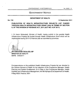 Division of Revenue Act: Publication of Health Infrastructure Projects List